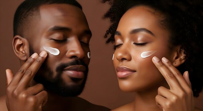 African american man and woman applying cream on faces for skincare routine, perfect for beauty and cosmetic advertising