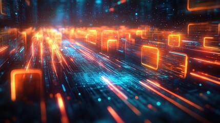 Futuristic abstract digital landscape with glowing orange squares and dynamic blue light trails conveying speed and technology