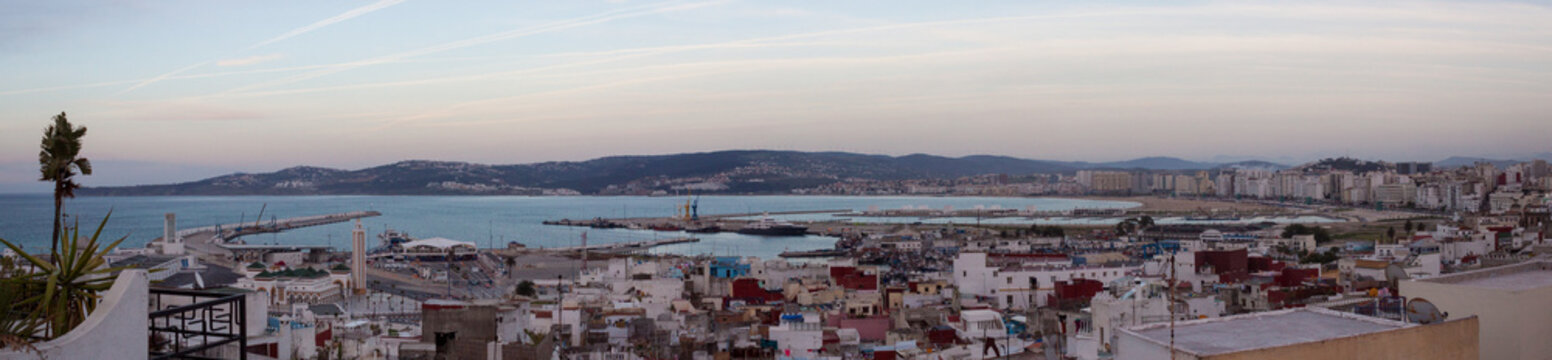 Evening Rooftop Panoramic View of the Bay of Tangier in Morocco
