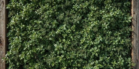 A close up view of a vertical garden with lush green plants and a wooden frame around the edge