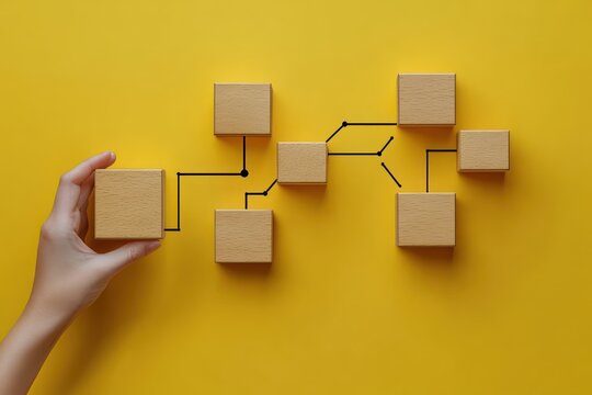 Hand holding a wooden cube connected with other wooden cubes by black lines on a yellow background symbolizing a branching decision or flowchart process
