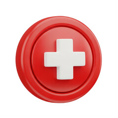 3d icon of a red circular button with a white cross symbol, representing medical health care and first aid isolated on transparent background