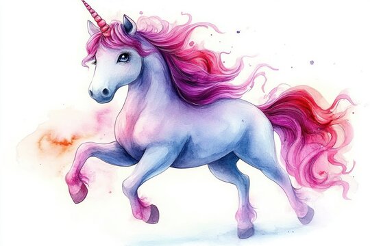 A majestic unicorn with flowing pink and purple mane and tail prancing with lively energy on a white background, evoking a magical and whimsical feeling