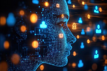 Digital blue human face made of interconnected points and lines with glowing orange locks and blue user icons representing data security and technology