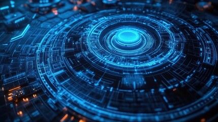 Glowing blue and orange circular digital interface with intricate futuristic technology patterns and layered concentric rings emitting light