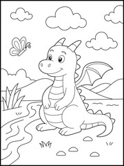 Smiling Baby Dragon Coloring Sheet for kids. Whimsical and Playful Fantasy Creature in Simple Outline Style for Children to Color