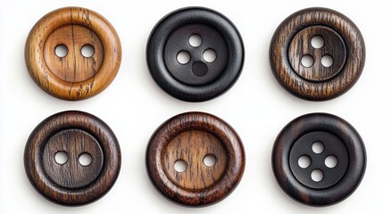 Close-up view of six wooden and dark-colored round buttons arranged in two rows on white background
