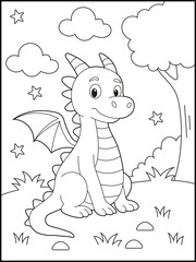 Whimsical Cartoon Dragon Coloring Page for kids. Fun Printable Artwork for Kids Featuring Cute Fantasy Creatures in Black and White Outline Style