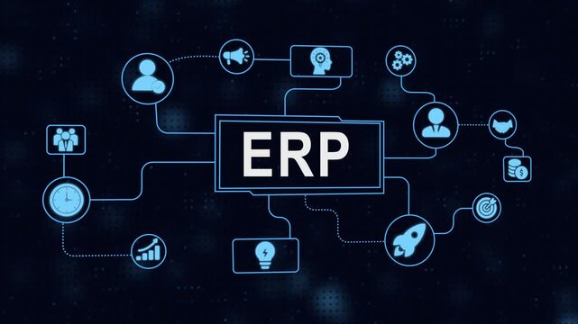 Abstract erp system diagram connecting various business process icons and elements