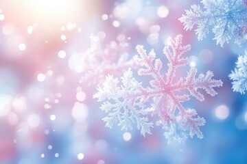 Close-up of delicate snowflakes with intricate crystalline patterns against a soft pastel background of pink and blue bokeh light, evoking a serene winter atmosphere