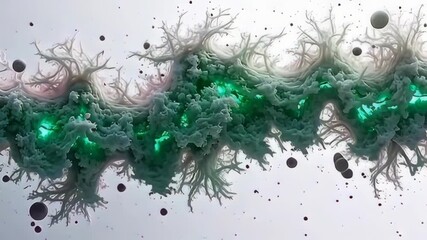 A swirling mass of vibrant purple and green molecules shifting shape like animated energy field undulates in mesmerizing patterns, with a shimmering light casting intricate shadows on a