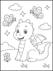 Dragon Coloring Page for Kids. Cute and Funny Baby Dragon Illustration in Black and White Line Art Style for Printable Coloring Book or Activity Sheet