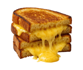 Stack of Grilled Cheese Sandwiches with Melted Cheddar Oozing from Golden Toasted Bread, Isolated on Transparent and White Background