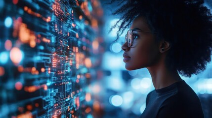 Young woman wearing glasses focused on advanced digital data visualization with glowing red and blue lights in a futuristic high-tech environment