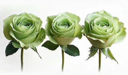 Three green roses with dewdrops on petals arranged in a row on white background