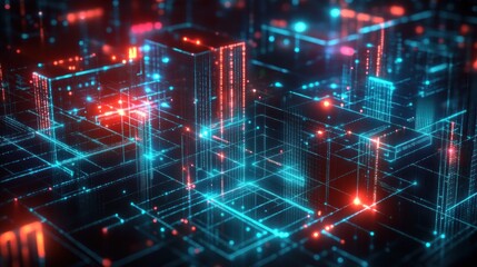 Fototapeta premium Futuristic digital cityscape with glowing blue and red neon lines forming abstract buildings and grids, evoking a high-tech and vibrant atmosphere