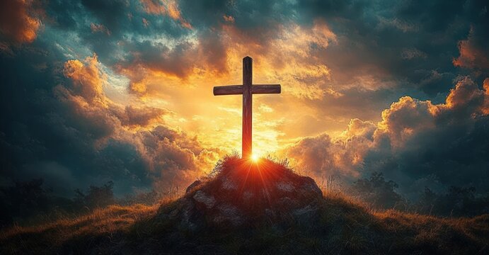 Wooden cross on a hilltop glowing with sunlight during a dramatic and colorful sunset with dark clouds surrounding the sky - Powered by Adobe