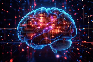 Glowing digital brain with bright circuitry and neural network patterns illuminated by red and blue lights conveying advanced technology and artificial intelligence