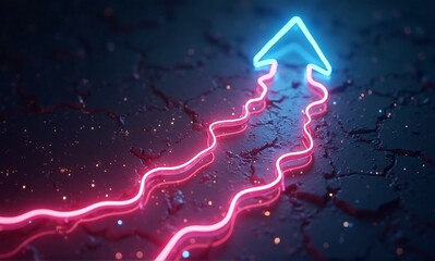 A glowing neon arrow ascends, its path a vibrant pink and blue wave on a dark, textured surface.  The arrow symbolizes progress and overcoming challenges.