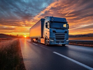 Large modern truck driving on empty highway during vibrant sunset with dramatic colorful sky and open countryside