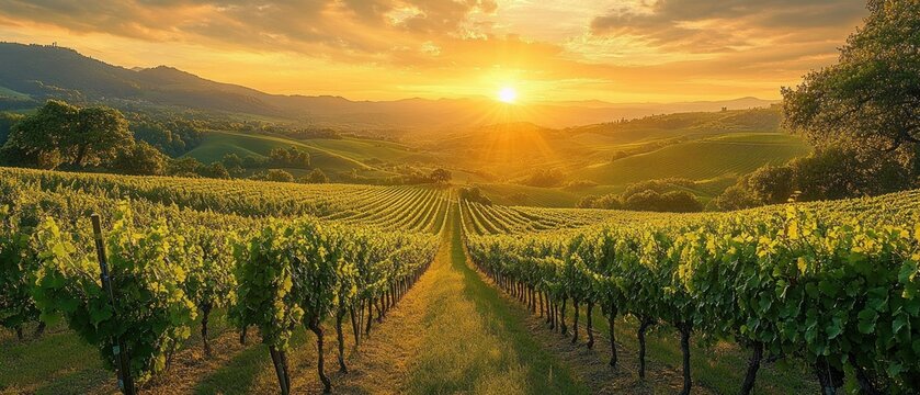 Golden sunset over vast vineyard hills with rows of grapevines and lush greenery under a partly cloudy sky