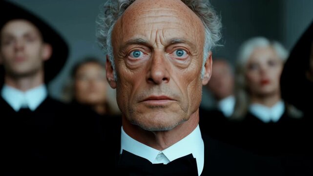 Serious older man in courtroom surrounded by onlookers