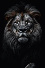 Papier peint photo Lion Close-up portrait of a majestic lion with a thick dark mane against a black background, exuding strength and intense focus  © dgete