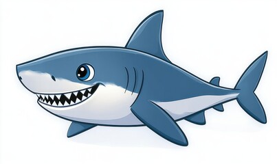 Friendly cartoon shark with big eyes and sharp teeth smiling against white background