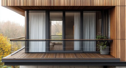 Modern wooden balcony with large glass sliding doors, sheer white curtains, steel railing, and a potted plant overlooking autumn trees
