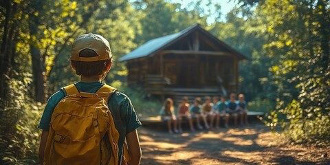 young boy with yellow backpack and cap looking at a group of children sitting on porch of wooden cabin surrounded by sunlit forest
