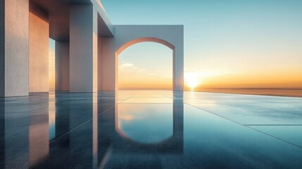 Minimalist architectural structure with smooth arch and pillars reflected on polished floor at sunrise over calm horizon