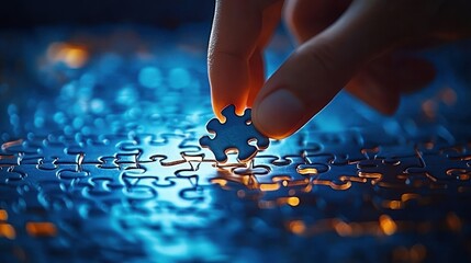 Close-up of a hand placing the final puzzle piece into a nearly completed blue and orange jigsaw puzzle, evoking focus and satisfaction