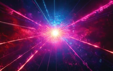 Bright glowing explosion of multicolored light beams radiating outward in vibrant pink, blue, and purple hues against a dark background, evoking energy and cosmic intensity