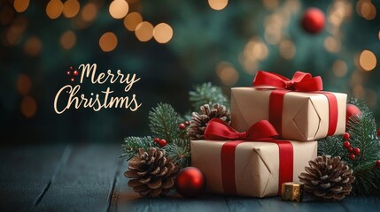 Two neatly wrapped Christmas gifts with red ribbons surrounded by pine cones, red baubles, and green pine branches on a rustic dark wooden surface with soft warm bokeh lights in background