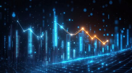 Futuristic digital cityscape with glowing skyscrapers and ascending and descending line graphs representing data trends in a high-tech environment