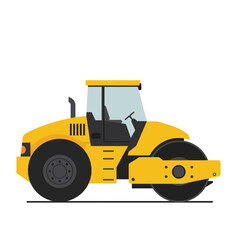 A vibrant yellow road roller, a powerful heavy construction vehicle, is depicted in a clean flat vector illustration, isolated on a pristine white background.