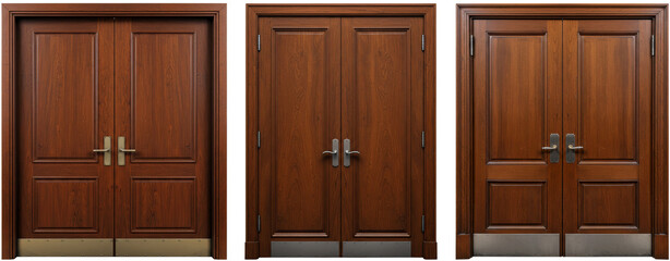 Set of wooden doors with elegant handles on transparent background  