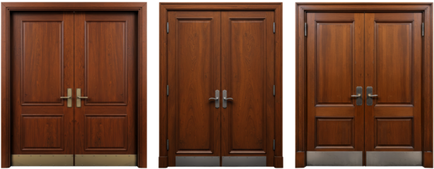 Set of wooden doors with elegant handles on transparent background  