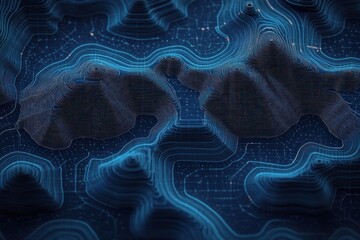 Blue topographic digital map with contour lines and glowing highlights representing terrain elevations and data points