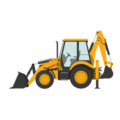 A yellow backhoe loader with a front bucket and rear excavator arm is depicted against a clean white background, ready for construction work.