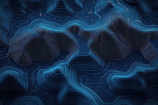 Blue topographic digital map with contour lines and glowing highlights representing terrain elevations and data points