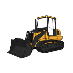 A vector illustration depicts a yellow and black bulldozer, a heavy construction machine, isolated on a white background, perfect for industry-related projects.
