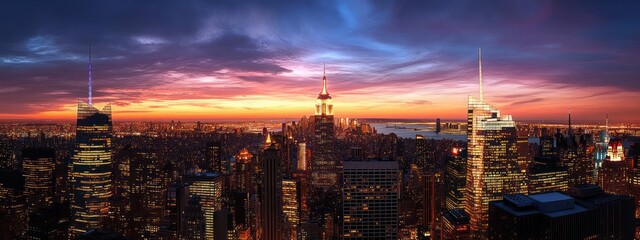 Fototapeta premium Vibrant cityscape at dusk with illuminated skyscrapers under a dramatic colorful sky featuring hues of purple, orange, and blue, showcasing urban life and architectural grandeur