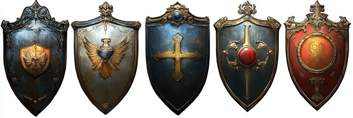 Set of five medieval style shields with ornate golden decorations and symbolic emblems on metallic backgrounds, featuring crosses, wings, and intricate designs