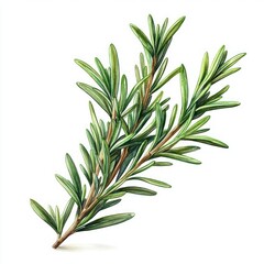 Fototapeta premium Detailed botanical illustration of a fresh green rosemary sprig with narrow needle-like leaves on thin brown stems against white background