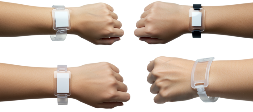Hands wearing smartwatches in different colors on transparent background  