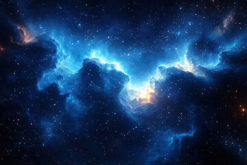 Vast glowing blue nebula with bright stars scattered across deep space, evoking a sense of cosmic mystery and celestial beauty