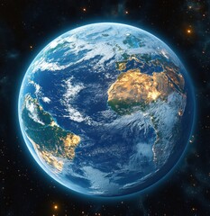 Brightly illuminated view of Earth from space showing continents, oceans, clouds, and surrounding starry universe with vibrant colors and glowing details