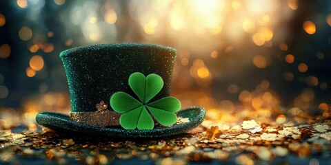 Green glittery top hat adorned with a large three-leaf clover and gold ribbon surrounded by scattered golden clover-shaped confetti on a warmly lit surface