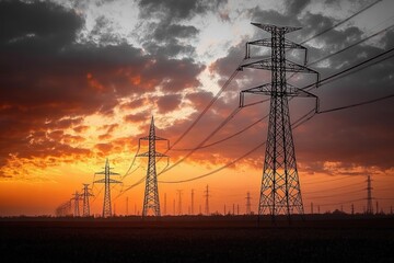 Row of tall electricity transmission towers stretching across a flat landscape under a dramatic cloudy sunset sky with orange and dark gray hues
